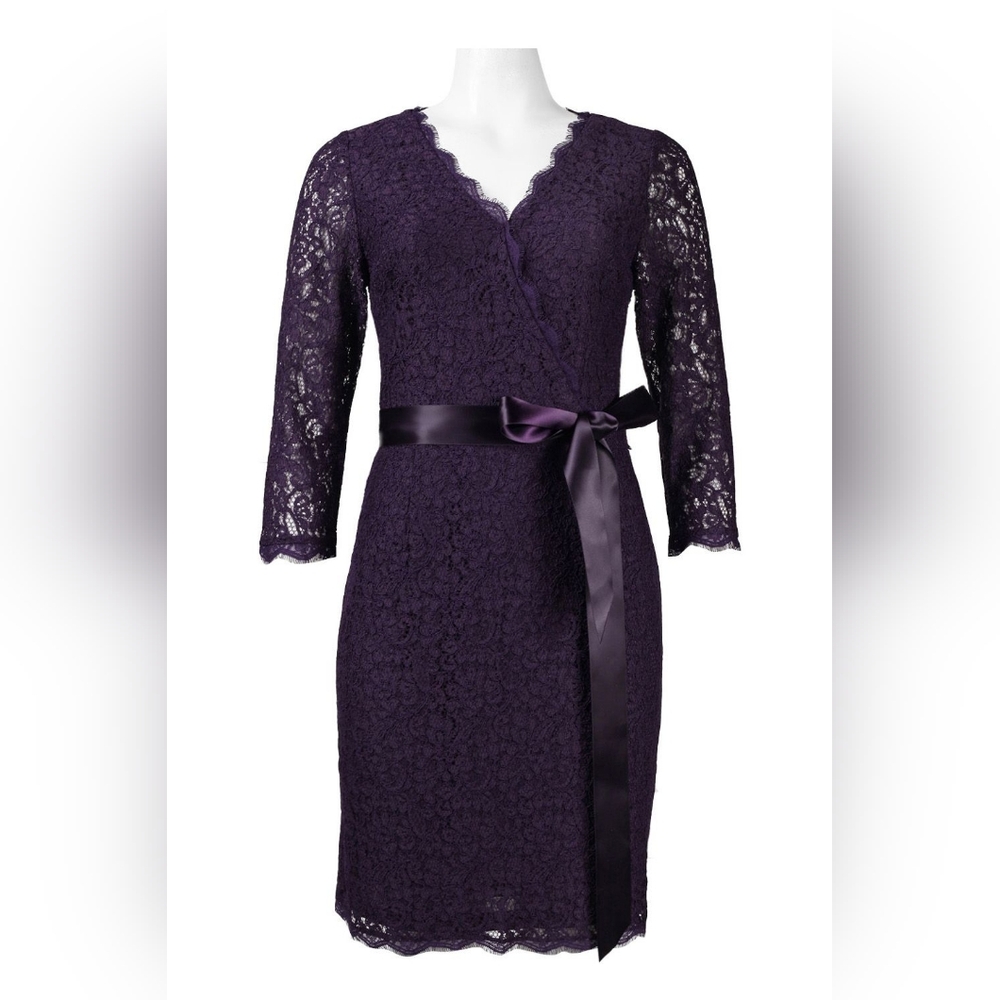 Adrianna Papell 3/4 Sleeves Surplice Neckline Bow Side Lace Dress - Picture 3 of 5